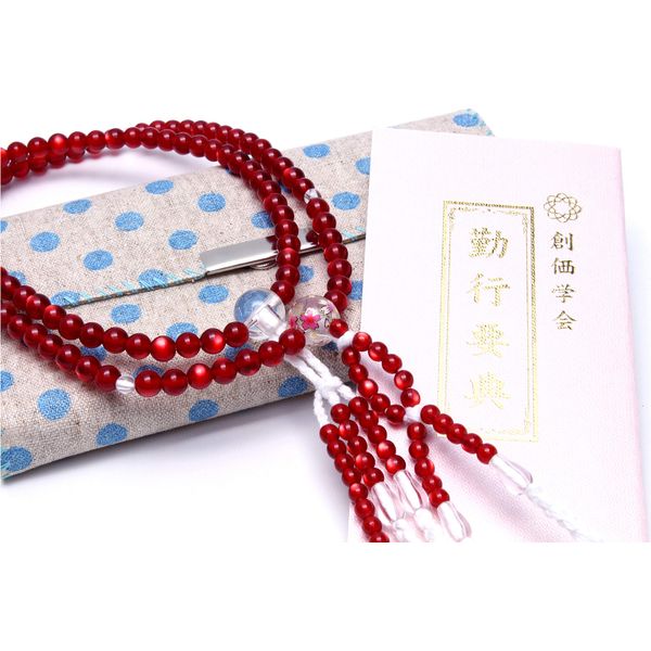 Social Society Prayer Beads, For New Parties, Gift, For Work, 3-Piece Set, Women's, Cat's Eye Red Cherry Blossom Pattern, Prayer Beads Holder, Dot Blue