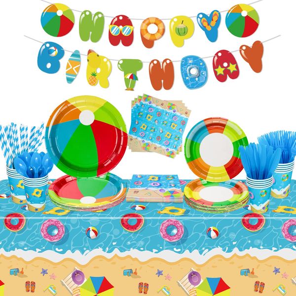 Beach Party Decorations - Pool Party Supplies Includes Plates, Cups, Napkins, Tableware, Tablecloth, Banner for Hawaiian Pool Birthday Party Favors - Serve 20