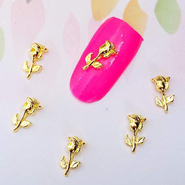 10pcs/bag Japan New 3D Nail Art Decoration Metal Nail Sticker Gold Kawaii Mini Rose flower DIY Charm Nail Tools Plus Nail Glue