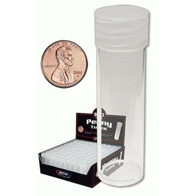 COIN STORAGE TUBES, clear plastic w/screw on tops for Pennies (Qty = 5 tubes)