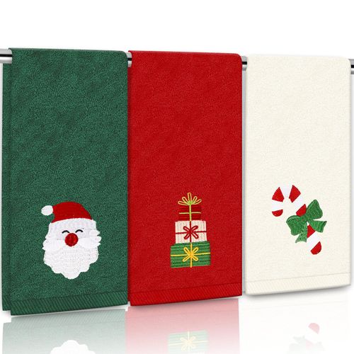JarThenaAMCS 3Pcs Christmas Hand Towels Embroidered Xmas Santa Candy Cane Cotton Bathroom Towels Red Green White Dish Towels for Holiday Kitchen Drying Cleaning Cooking Gift, 29.5 x 13.7 Inch