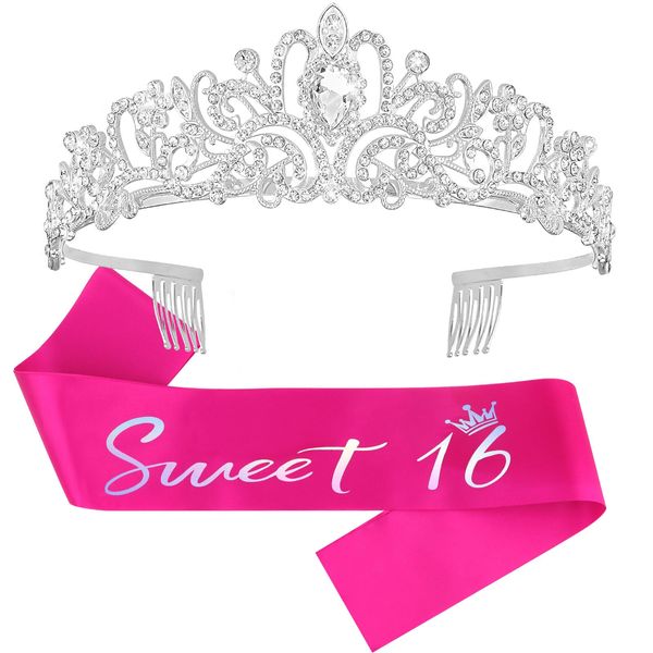 Semato 16th Birthday Tiara and Hot Pink Satin Sash Kit- Sweet 16" Birthday Decoration 16th Birthday Party Gifts Birthday Party Supplies for Girls (hot pink)