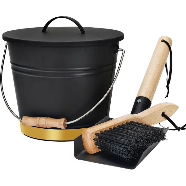 Galvanized Steel Mini Ash Bucket with Lid, Shovel & Broom for Fireplaces