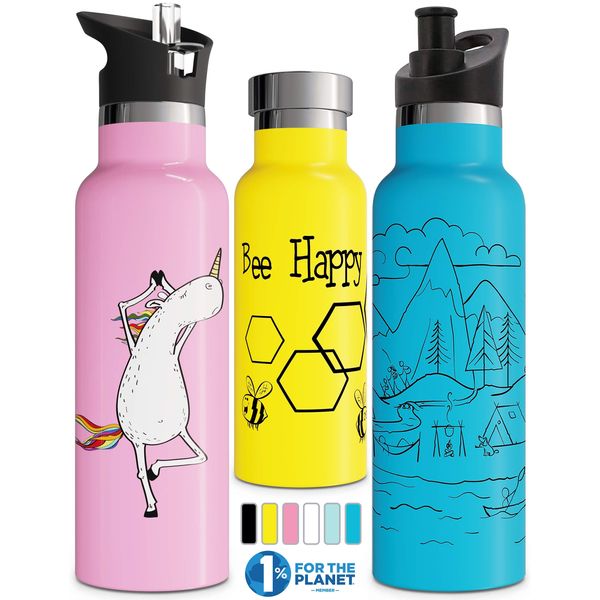 Involve & Evolve Insulated Water Bottle with 3 Lids (Straw Lid) Kids Reusable Double Walled Stainless Steel Flask Metal Bee Happy Thermos 12oz 17oz 20oz 25oz (25 oz, Yellow)