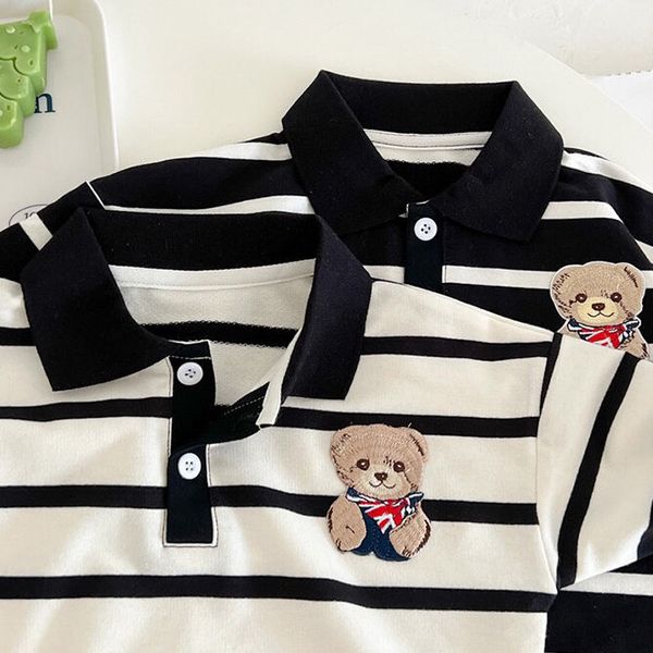 Baby Cartoon Bear Print & Striped Pattern Polo Neck Long Sleeve Romper - 73 (6-9M) / White