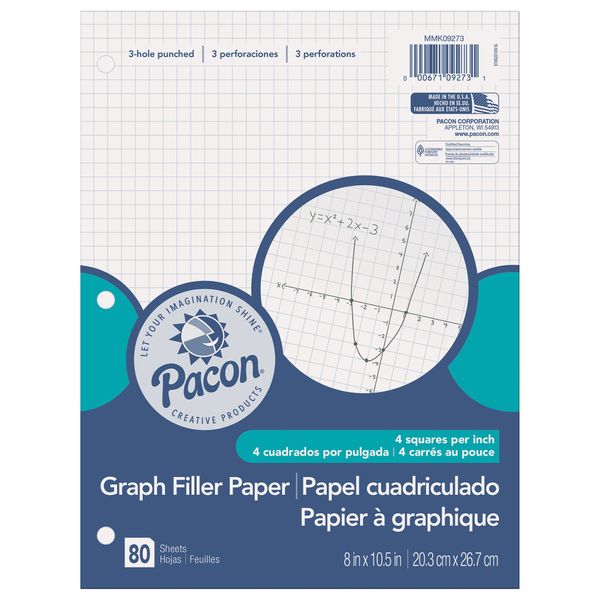 Pacon Filler Paper, White, 3-Hole Punched, 1/4" Grid Ruled 8" x 10-1/2", 80 Sheets