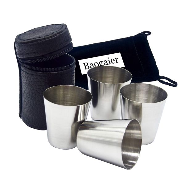 Baogaier 4pcs 20ml Stainless Steel Drinking Cup Set with Leather Case Storage Bag, Schnapps Cup Unbreakable Portable Mini Shot Glasses for Camping Travel Outdoor