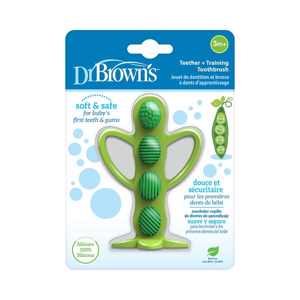 Dr. Brown's Peapod Teether + Training Toothbrush, Help Soothe Baby's Sore Gums, Soft 100% Silicone, BPA Free, 3m+