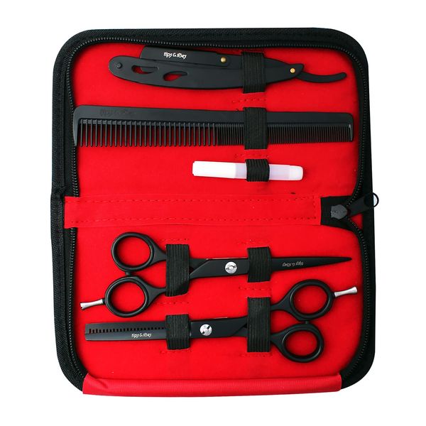 Professional Barber Hairdressers Set - Scissors, Hair Thinning Shear,Scissor, Straight Razor, Hair Comb, Black