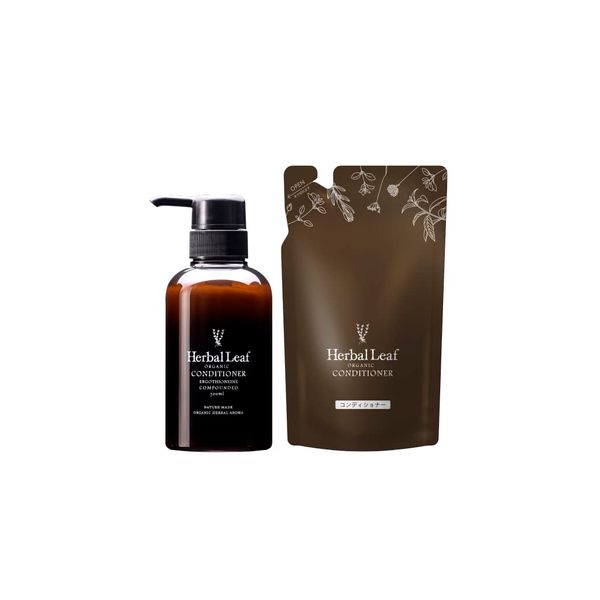 Herbal Leaf Organic Conditioner, Set of 2, Main Unit & Refill Set, Made in Japan, Main Unit 10.1 fl oz (300 ml), Refill, 9.8 fl oz (285 ml), Father's Day Gift