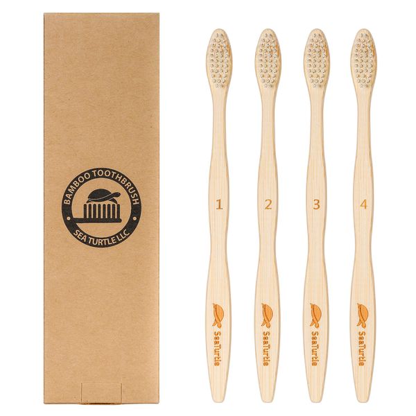 SeaTurtle Plant-Based Bristles, Bamboo Toothbrushes, Soft Natural Toothbrush for Adults, 4 Pack