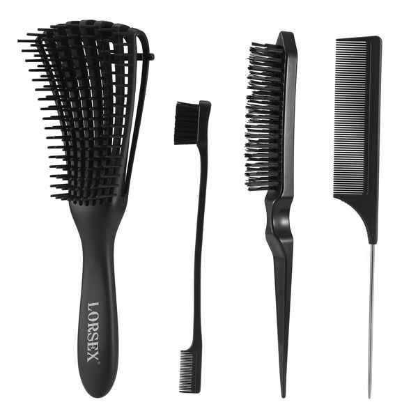 LORSEX Hair Brush, Detangling Brush for Black Natural Hair, Afro American Type 3a-4c, 3 Pcs Slick Brush Set, Plastic Bristle Hair Brush Teasing Comb Edge Hair Brush (Black)