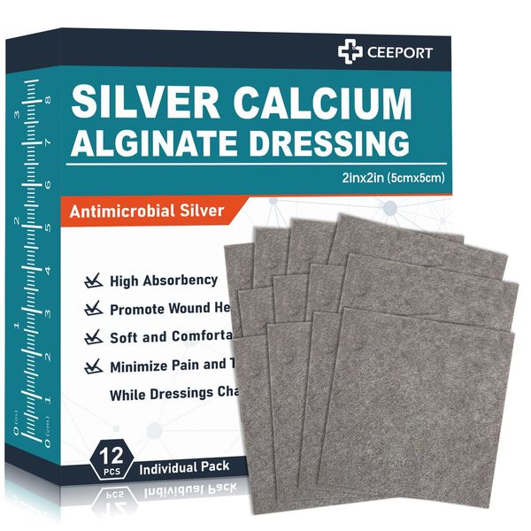 Ceeport 2 "x 2" Ag Silver Calcium Alginate Wound Dressing Pads, 12 Individual Pack Highly Absorbent Painless Removal Dressing, Soft Silver Dressings for Wound Care, Non-Stick Gauze Pads for Wounds