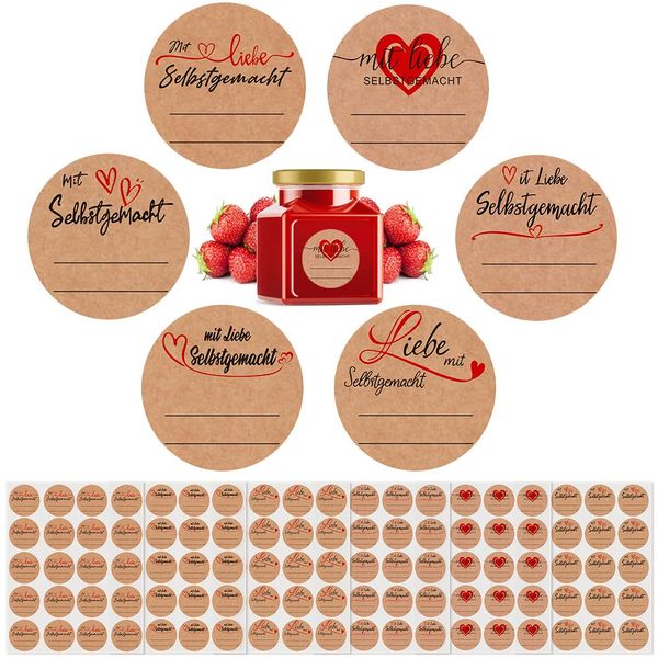 DOUSELLA 600 Stück Marmeladen Aufkleber Etiketten Kraftpaier Klebeetiketten zum beschriften Selbstklebend Marmelade Handmade Marmeladenglas Sticker für Backen Geschenktüten Flasche