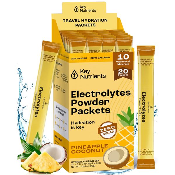 KEY NUTRIENTS Electrolytes Powder Packets - Tropical Pineapple Coconut 20 Pack Hydration Packets - Travel Hydration Powder - No Sugar, No Calories, Gluten Free Keto Electrolytes Powder - Made in USA