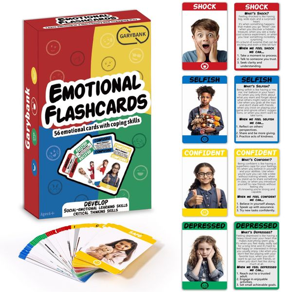 Garybank Emotion Cards - 56 Social Emotions Flashcards Game for Toddlers & Kids - with Coping Skills - Emotional Intelligence Learning Tool for Speech Therapy & ABA Therapy Materials