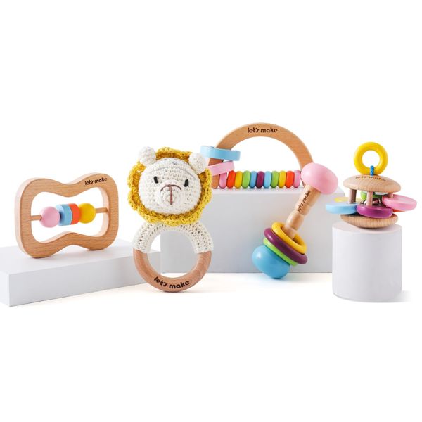 Wooden Baby Rattle Toys 5 PCS Rattle Set for Babies 0-6-12 Months Safari Animals Crochet Rattle Ring with Gift Box Wooden Montessori Toy for Newborn Infant Baby