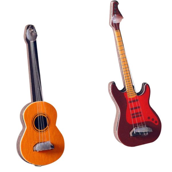 Toyvian 2Pcs Miniature Guitar Dollhouse Mini Musical Instrument Wood Bass Guitar Model Ornament for Fairy Garden Accessories Kids Play Toys Birthday Gifts Random Color