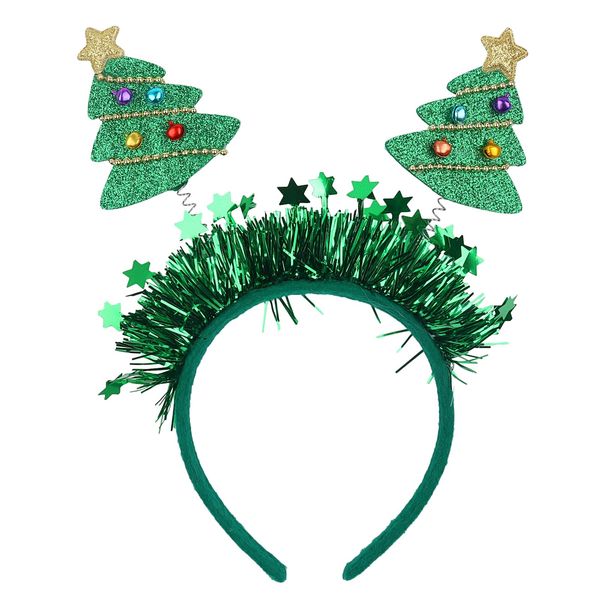 XIELIME Christmas Tree Headband Green Xmas Tree Hair Hoop Glitter Green Tassel Head Bopper Christmas Tree Hairband with Small Bell Design Headwear for Women Girls Kids Festival Headdress Accessories