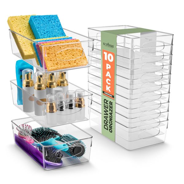 Sorbus Medium Clear Plastic Storage Bins with Handle 10 Pack - 10.25" L x 6.25"