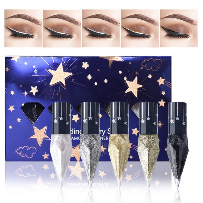 Erinde Glitter Eyeliner, Liquid Glitzer Eyeliner Set, Silber Gold Metallic Diamond Glitter Augen Make-up-Kit Langlebige Luminous Shimmer Lidschattenstift Flüssigkeit