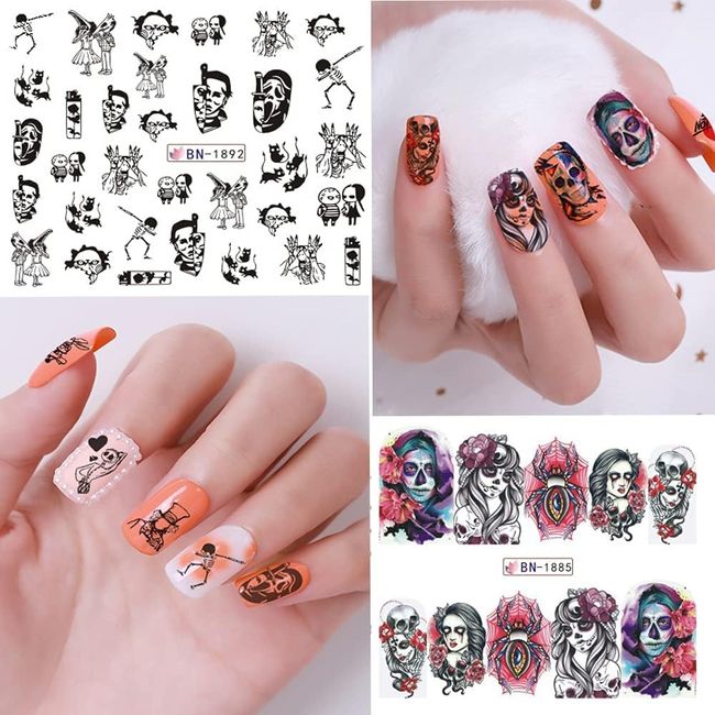 24 Sheets Halloween Themed Water Transfer Nail Art Stickers All Souls Day Nail Decals Day of The Dead Nail Decals Skull Ghost Eye Pumpkin Clown Witch Nail Design Festival Party Manicure Supply Tips