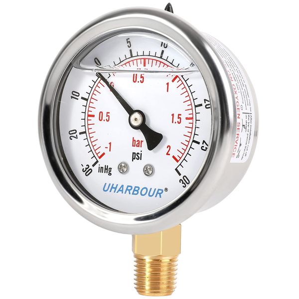 UHARBOUR Glycerin Filled Vacuum Pressure Gauge, 2-1/2" Clear dial,1/4"NPT Bottom Connection, Stainless Steel Case, Brass Movement, Dual Scales -30HG/30PSI