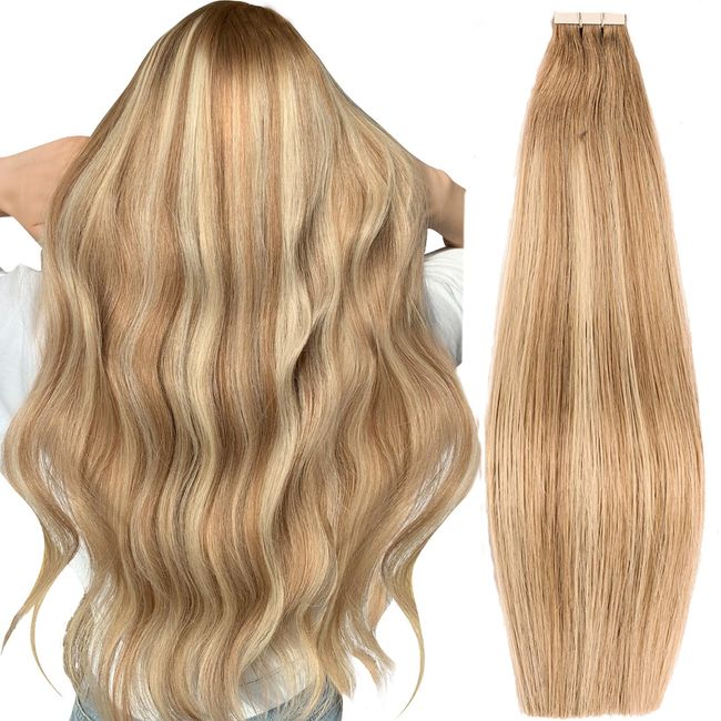 Tape in Hair Extensions Human Hair,DIYOMO Golden Brown & Bleach Blonde Mixed Light Brown with Bleach Blonde Hair Extensions Soft & Smooth Remy Hair Extensions for Women,2.5g/Pcs 50g/Pack20 inch.