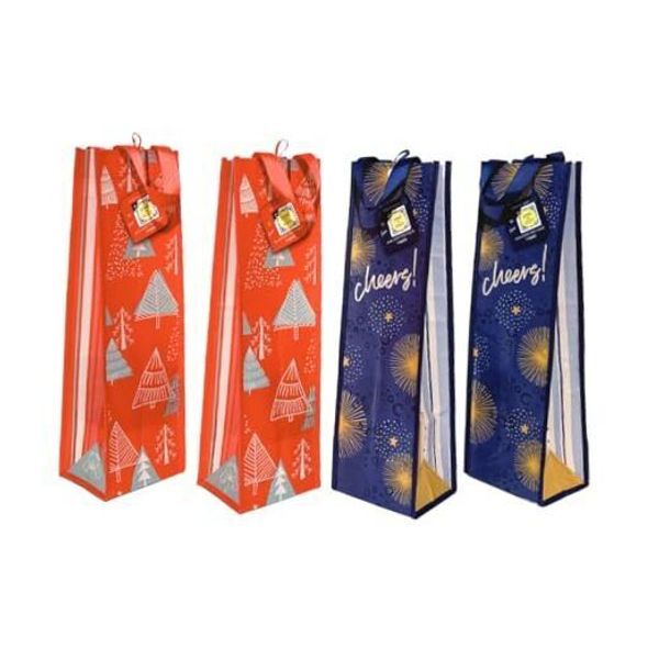 4-Pack Christmas Reusable Wine Gift Bags with Handles and Cheer/Festive Forest