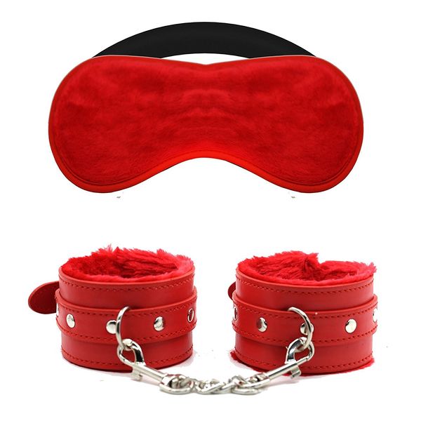 Super Soft Comfortable Leather Adjustable Handcuff Soft Fur Leather Handcuffs Multifunctional Bangle Handcuffs and Blindfold Eye Mask for Sex Play (Red)