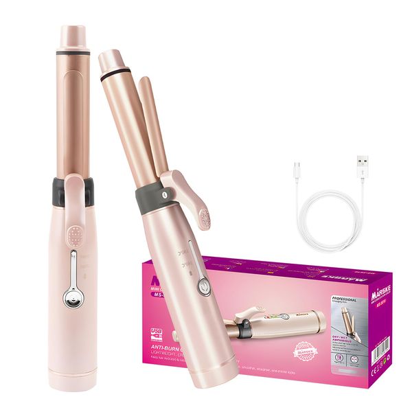 Mini Cordless Hair Curler 19mm Curling Wand Curling Iron Barrel Ceramic Flat Iron USB Rechargeable Curling Iron with 2 Heat Settings for Long Short Hair