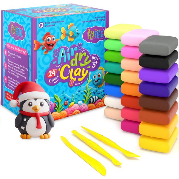 FlyFlag Air Dry Clay Kit - 24 Colors, Soft & Ultra Light, Modeling Clay for Kids with Accessories, Tools and Tutorials