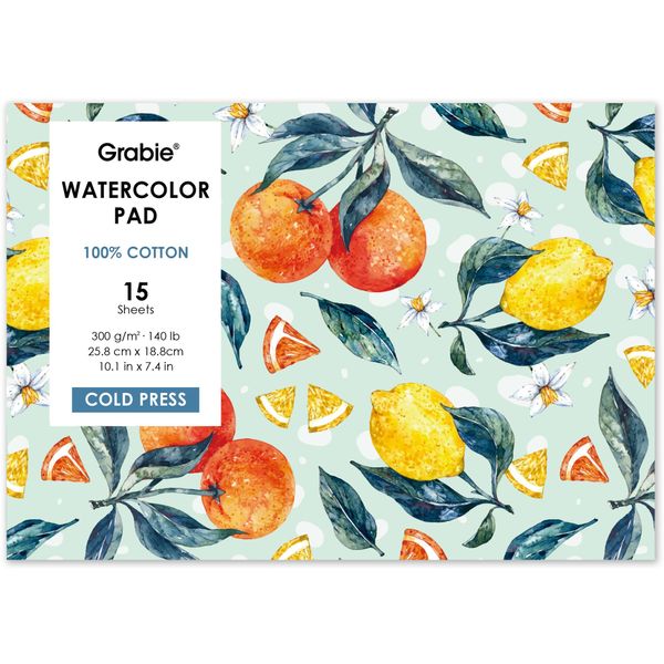 Grabie Watercolor Paper Pad, 100% Cotton Pulp, 15 Sheets, B5 (10.1 x 7.4), 140lb (300gsm), Glue Bound, Acid-Free Cold Pressed Watercolor Paper, Art Supplies for Watercolor Techniques and Mixed Media