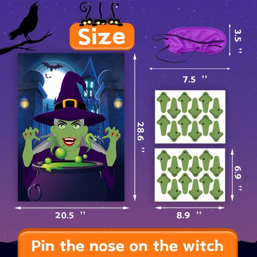 Halloween Party Games for Kids Pin the Nose on The Witch Game Hocus Pocus Games for kids ​Halloween Hocus Pocus Party Activities Decorations Pin The Tail Game for Halloween Themed Party Favors