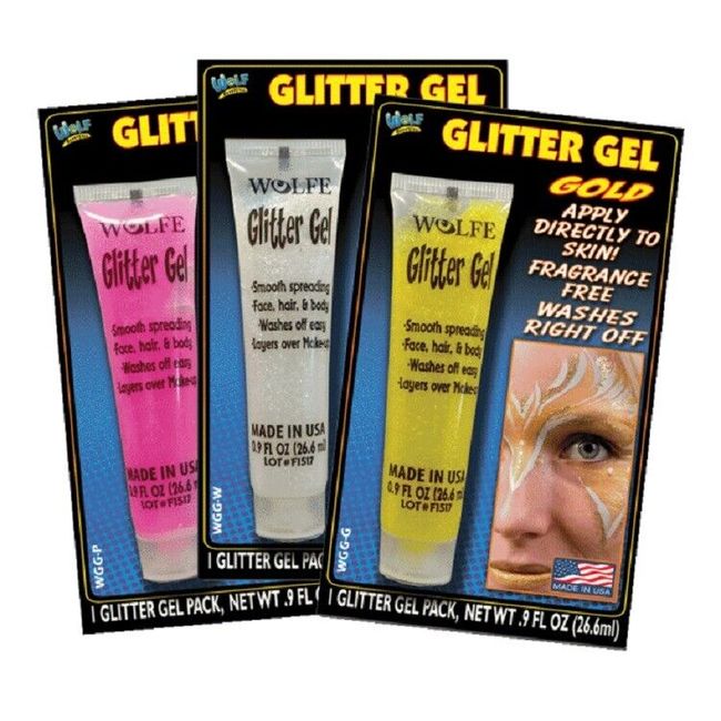 Wolfe 3 Pack Gold Yellow Pink White Glitter Gel Face Paint Tube Halloween