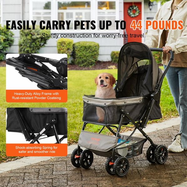 4-Wheel Pet Stroller 44lb Capacity Reversible Handle Storage Basket Travel Brake