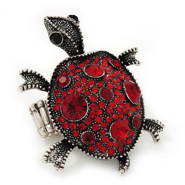 Avalaya 55mm L/Crystal Turtle Flex Ring in Ruby Red Colour/Aged Silver Metal/Size 7/9