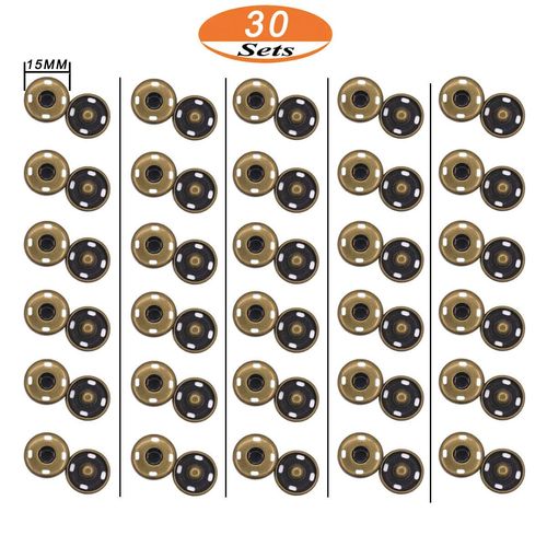 30 Sets Antique Brass Sew On Snap Fasteners Metal Snap Button Rust Proof Press Studs (15mm)