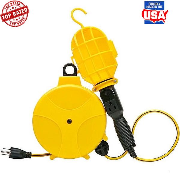 Retractable Cord Reel W/ Work Light 20ft Heavy Duty Portable Extension New