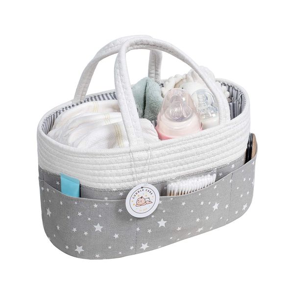 Nappy Caddy Organiser Nursery Storage with 3 Compartments, UK Company, Grey Basket with Detachable Divider, Diaper Bag, Baby Accessories, Newborn Gifts for Mom