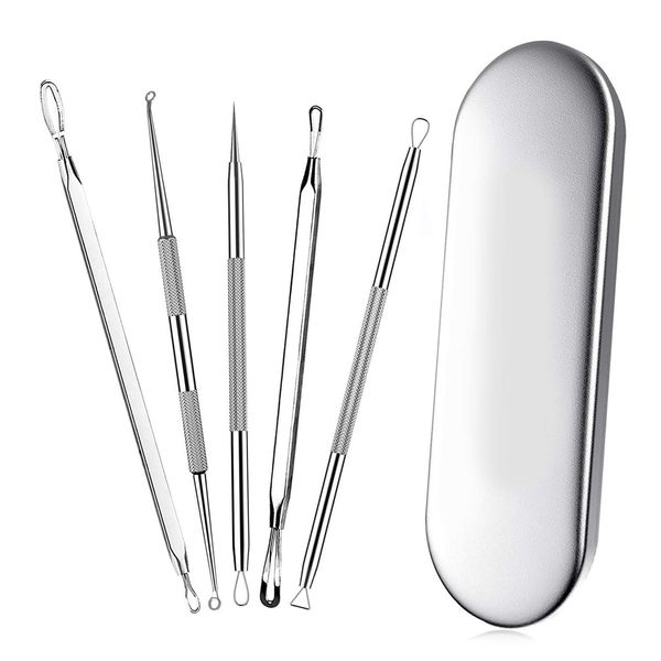 Blackhead remover,Acne treatment,Pimple Popper,Face Skin Care Kit,Professional Comedone Blemish, Zit, Whitehead Scar Extractor, 5 Piece Surgical Grade Stainless Steel Tools & Travel Case (silver)