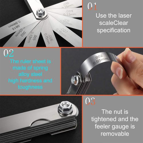 Stainless Steel Feeler Gauge Dual Marked Metric and Imperial Measuring Tool (0.04-0.63 mm, 26 Blades)