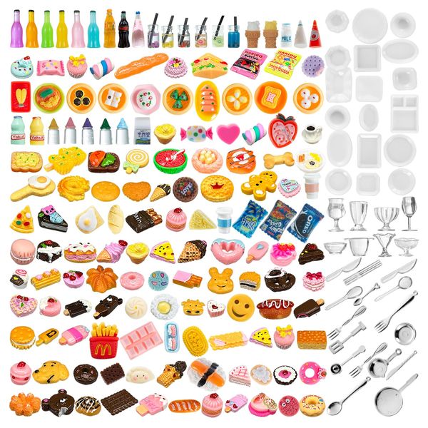 Diinokiy 200Pcs Dollhouse Miniature Food Drinks Bottle Cooking Toys Kitchen Accessories Mini Play Fake Resin Pretend Game Party Tableware Bread Cake Ice Cream 1/12 Doll House Landscape