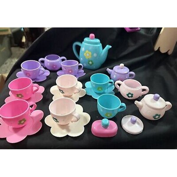 Pretend Play Tea Party Set 25 Pc Pink Teal Purple Teapot Cups Plates Flower