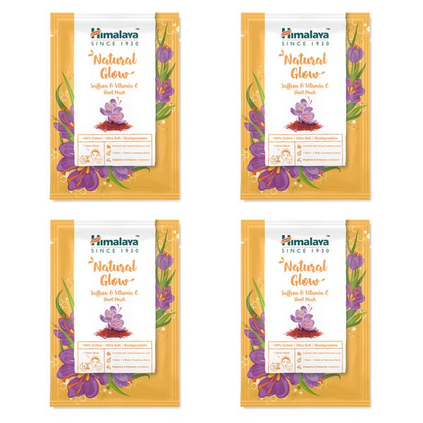 Himalaya Natural Glow Saffron & Vitamin C Face Sheet Masks, Single Use Brightening Cotton Facial Sheet Mask, Antioxidant Rich for Glow and Radiance | Hyaluronic Acid for Intense Hydration, Count of 4