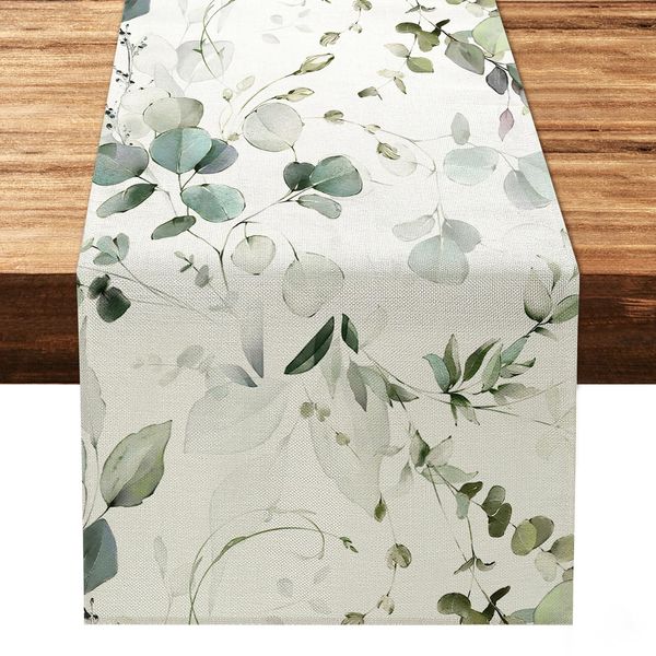 LOMOHOO Table Runners Summer Green Eucalyptus Leaves Table Runner 13x72 Inches Burlap Table Runner for Dining Table Decor Home Wedding Party Decorations(32x183cm)