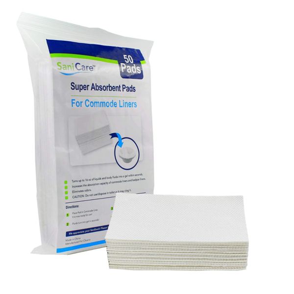 SaniCare Super Absorbent Pads for Commode Liners – Pack of 50 Medical Grade Pads – Use in Standard Bedside Commode and Bedpan Liners – Odor-Free – No Leaks – Never Clean a Commode Again – by Cleanis