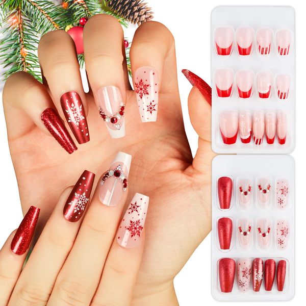 BOFUNX 48Pcs Christmas Coffin False Nails Medium Long Fake Nail Tips Snowflake Santa's Hat Rhinestone French Press on Nails Stick on Nails for Women Girls Christmas Nail Art Decoration