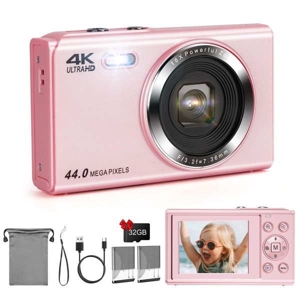 Digital Camera, LAMA 4K FHD 44MP Kids Vlogging Camera with 32GB SD Card, 16X Digital Zoom Compact Camera with 2 Batteries, 2.4" LCD Screen Mini Camera for Kids, Boys, Girls, Teenagers Pink