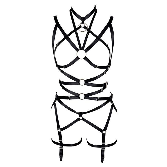 Women's Punk Cut Out Harness Body Full Strappy Lingerie Waist Garter Belts Set Elasticity Bralette Goth EDC Halloween Club Party Dance Rave Wear (Black)
